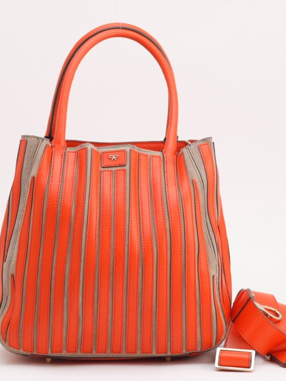 Anya Hindmarch Orange and Taupe Striped Leather Tote